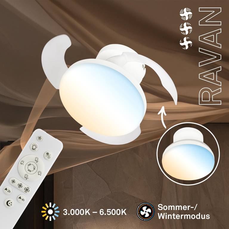 Ventilador de techo LED, mando a distancia, motor DC silencioso con 3 velocidades