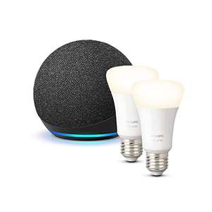 Echo Dot (4.ª generación, con reloj +10€), Antracita + Philips Hue White Pack de 2 bombillas inteligentes, compatible con Alexa