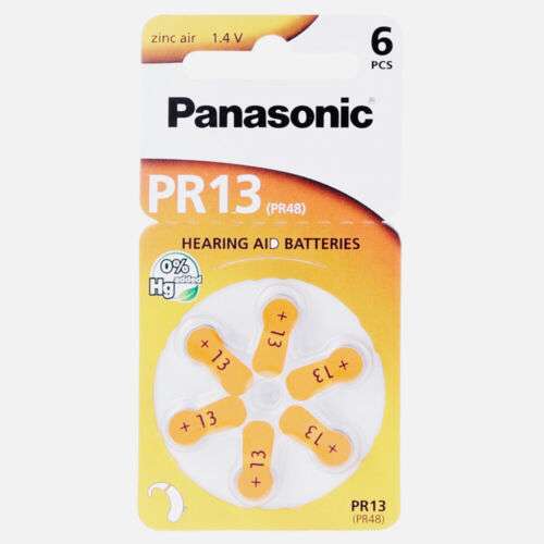 Pack de 6 Pilas de Botón PANASONIC de Recambio para Audífonos de Personas Mayores en Amarillo PR10, Naranja PR13, y Marrón PR41