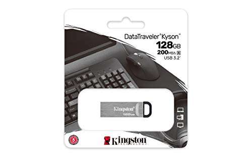 Kingston DataTraveler Kyson Unidad Flash USB3.2, 128GB-con Elegante Carcasa metálica sin capuchón