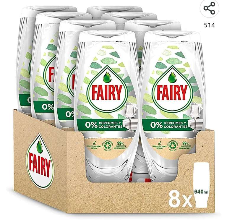 Fairy Maxi Poder 0% Lavavajillas Liquido a Mano, 5.1 L (8 x 640 ml), 99% de Ingredientes Biodegradables