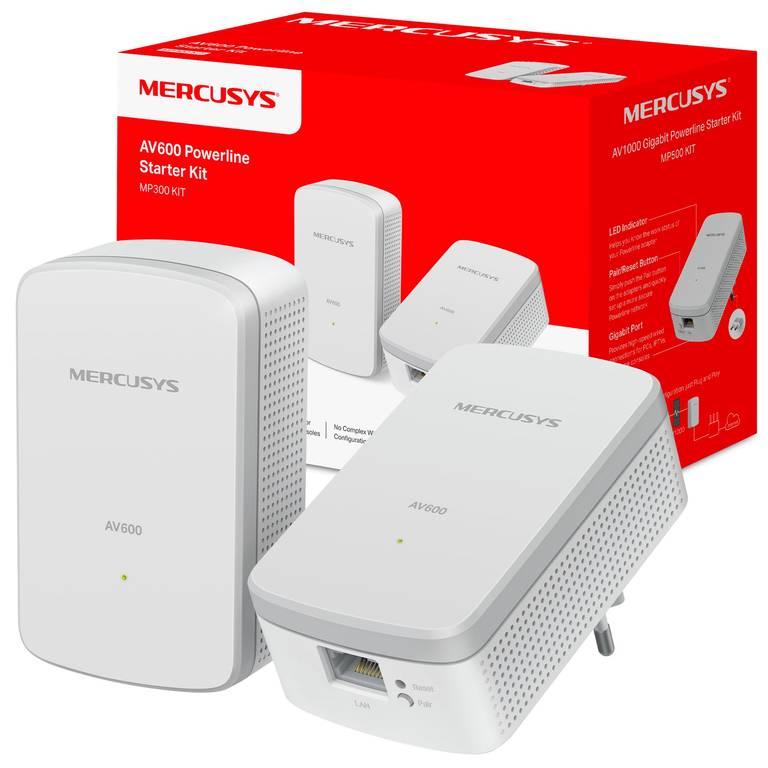 MERCUSYS MP300 Kit – Kit Powerline AV600, hasta 600 Mbps por Red eléctrica, Alcance de 300 m, Puerto Ethernet 10/100 Mbps