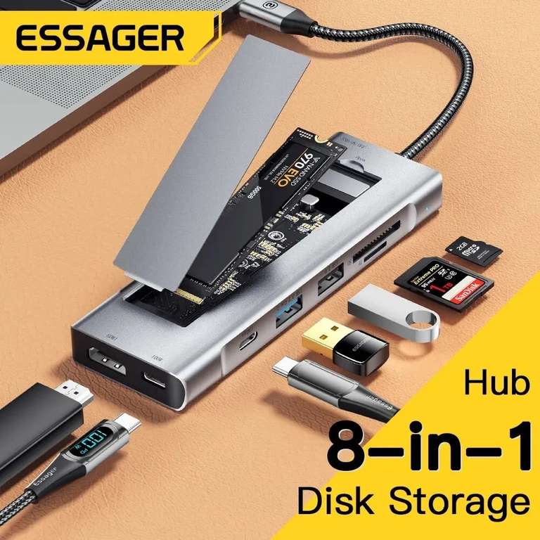 Essager concentrador USB 8 en 1 con función de almacenamiento en disco
