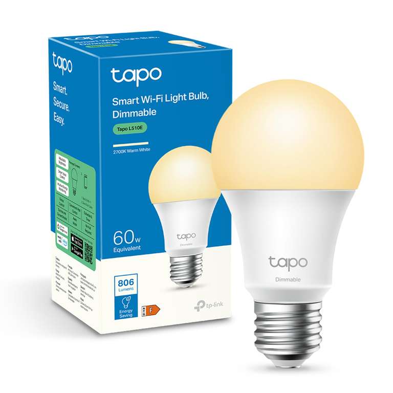 Tapo L510E-Bombilla inteligente WiFi, Blanco Cálido 2700K, 8.7W/ 806lm, E27