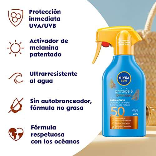 NIVEA SUN Protege & Broncea Spray Solar FP50 (1 x 270 ml), activador del bronceado, crema bronceadora, protección solar, protector solar