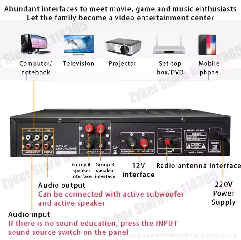 AMPLIFICADOR DE SONIDO AV-2218 PARA Karaoke, dispositivo Digital estéreo con Bluetooth 5,0, FM, USB, SD, 4 entradas de micrófono máx. 4000W