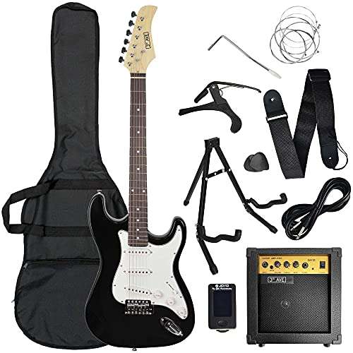 Lote de guitarra eléctrica de iniciación de tamaño estándar con ampli,  afinador, cable, soporte, funda, correa, púas de repuesto y cejilla »  Chollometro