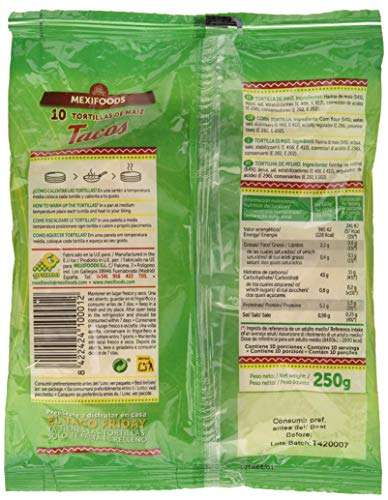 2 paquetes de 10 tortillas de maíz MEXIFOODS (250g/paquete; a 0,82€/paquete)