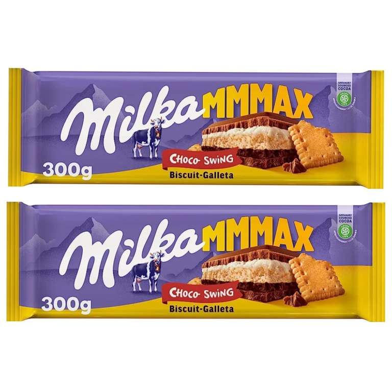 2 x Milka MMMAX Choco Swing Tableta Grande Chocolate con Leche de los Alpes con Galleta, Relleno Crema de Leche y Cacao 300g [Unidad 2'20€]