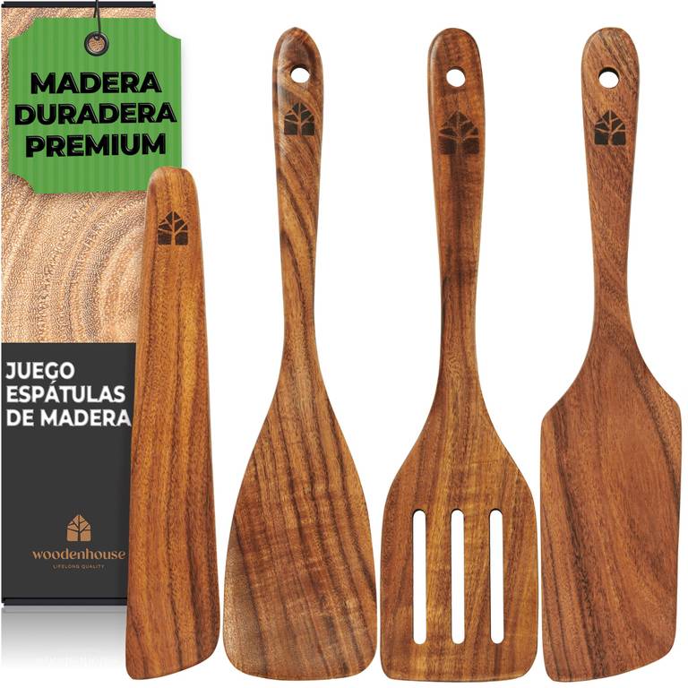 Espátulas Madera para Cocinar, Juego de 4, Pala Volteadora y Raspador | Set de teca duradera, apta para sartenes antiadherentes