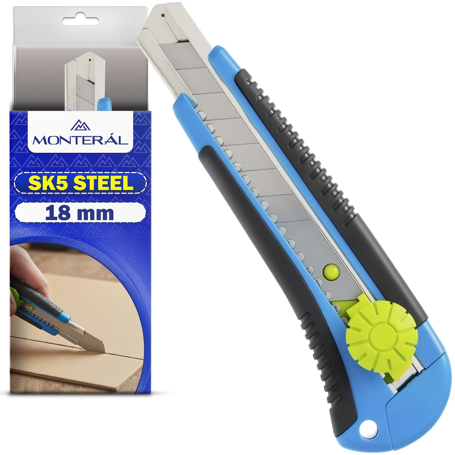 Cutter Profesional MONTERAL 18 mm – Hoja de Acero SK5, Bloqueo Giratorio y Diseño Ergonómico