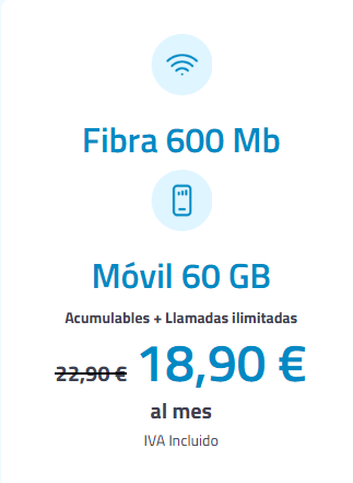 Fibra y Móvil (600MB y 60GB) 18.9€/mes en VISALIA