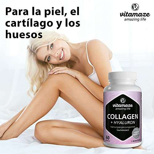 Vitamaze Colágeno Puro + Ácido Hialurónico Cápsulas + Condroitina + Lisina, 600 mg de Colágeno al Día, 60 Cápsulas durante 1 Mes,