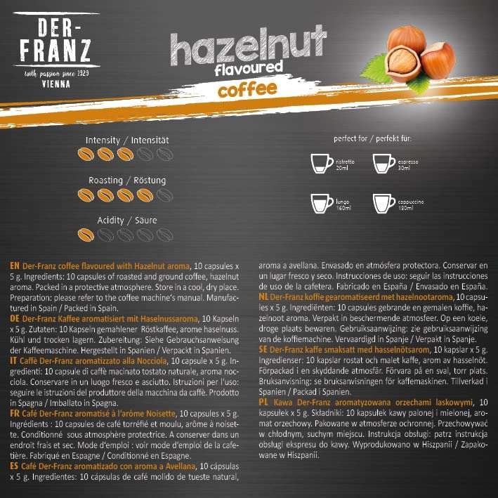 Der-Franz Cápsulas de café compatibles con Nespresso, 6 x 10 Cápsulas, aromatizado con aroma a Avellana