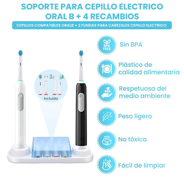 Pack Base Soporte Para Cepillo Electrico Oral B + 4 Recambios Cepillos Compatibles OralB + 2 Fundas para Cabezales Cepillo Electrico.