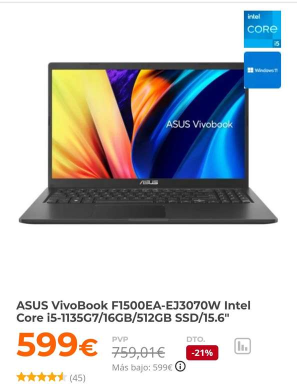 ASUS VivoBook F1500EA-EJ3070W Intel Core i5-1135G7/16GB/512GB SSD/15.6"