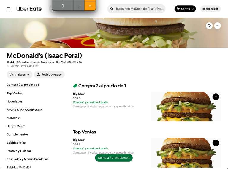 UBER EATS - 2x1 en Big Mac McDonald's