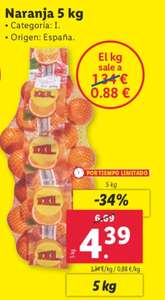 Naranja origen España malla de 5kg (0,88€/kg) en Lidl