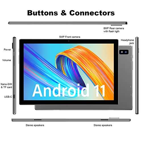 Tablet Android 11 10.1", 6GB RAM 128GB ROM (512GB TF), Cámara 5MP + 8MP, FHD 1920x1200IPS, Bluetooth 5.0 / Dual WiFi/GPS / 7000mAh