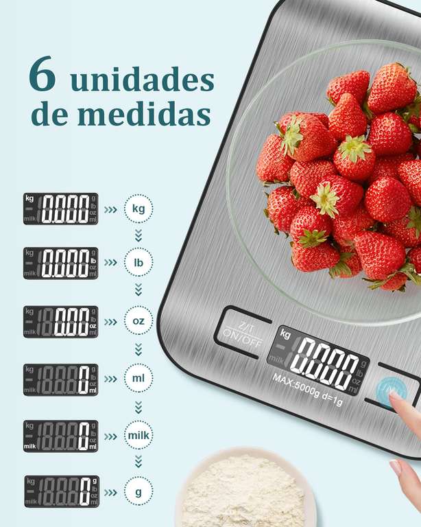 Balanza Cocina Digital hasta 5kg Pantalla LCD, Acero Inoxidable, Apagado Automático