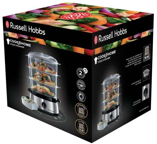 Russell Hobbs Vaporera - 3 Recipientes para Cocinar al Vapor - Capacidad 9 litros - Temporizador - Sin BPA - Acero Inoxidable 800 W