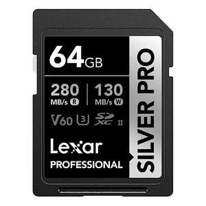 Lexar Silver Pro Tarjeta SD de 64 GB, Tarjeta de Memoria UHS-II, V60, U3, C10, Tarjeta SDXC, hasta 280 MB/s de Lectura,