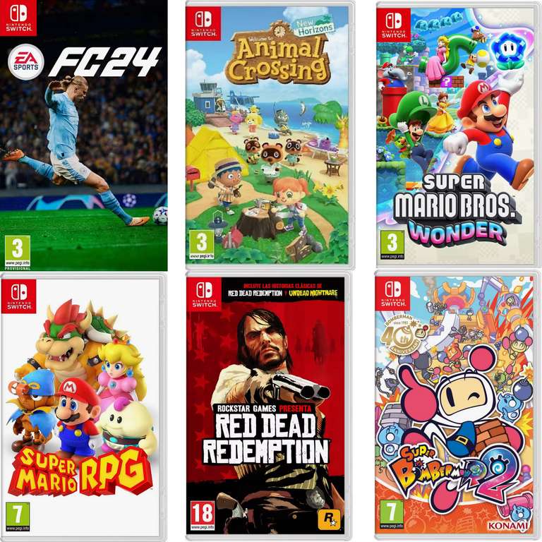 Juegos Nintendo Switch: Super Mario Bros Wonder [43€], FC 24 [44€], Bomberman R2 [32€], Animal Crossing [46€], Red Dead Redemption [37€]