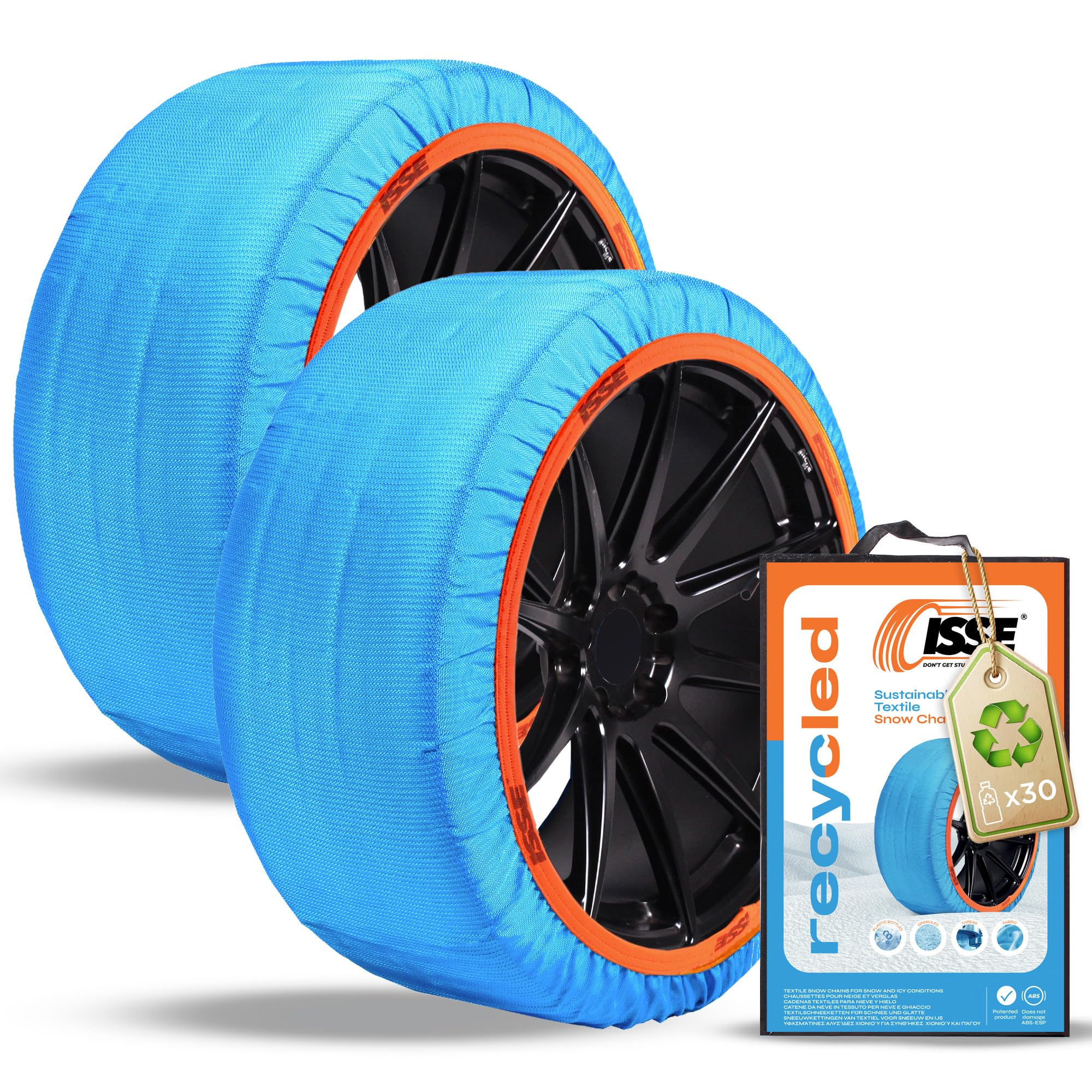 Cadenas de nieve téxtiles ISSE Recycled + guantes, Homologación EN 16662-1, T-54 y T-58 (varias medidas de neumático)