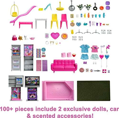 Barbie 60 Aniversario Dreamhouse Casa de muñecas 3 pisos con 10 habitaciones, muebles y más de 70 accesorios