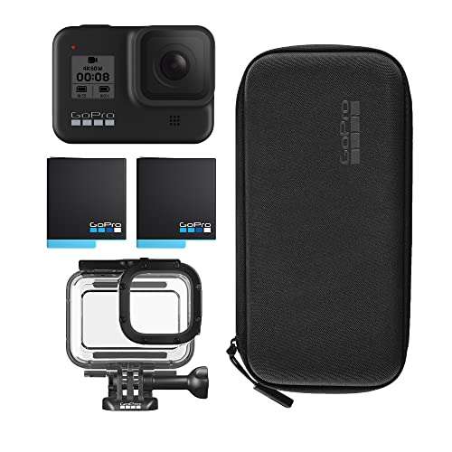 Paquete GoPro HERO8 Black: Incluye cámara HERO8 Black, batería Recargable de Repuesto (2 en Total), Carcasa Protectora y Estuche