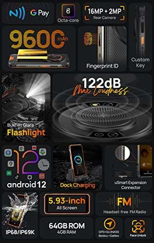 Ulefone Armor 16 Pro Android 12 Teléfono Resistente, 122dB Altavoz, 9600mAh Batería, Linterna LED Alta Potencia, Cámara 16MP+8MP, 4GB+64GB