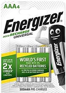 Energizer - Pilas Recargables Accu Recharge Universal 500 mAh HR03 AAA, 4 Pilas, Plata