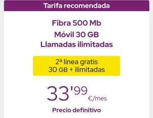 FIBRA 500 MB + 2 Líneas de Móvil con 30 GB y Llamadas Ilimitadas por 33,99€/Mes
