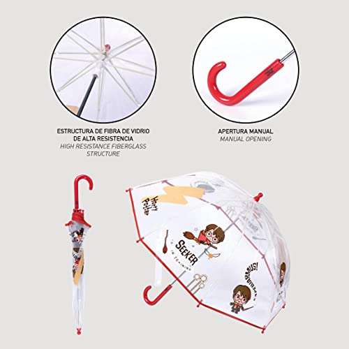 Paraguas Transparente Unisex de Harry Potter - Apertura Manual con Mecanismo Antiviento y Proteccion en las Varillas para Mayor Seguridad