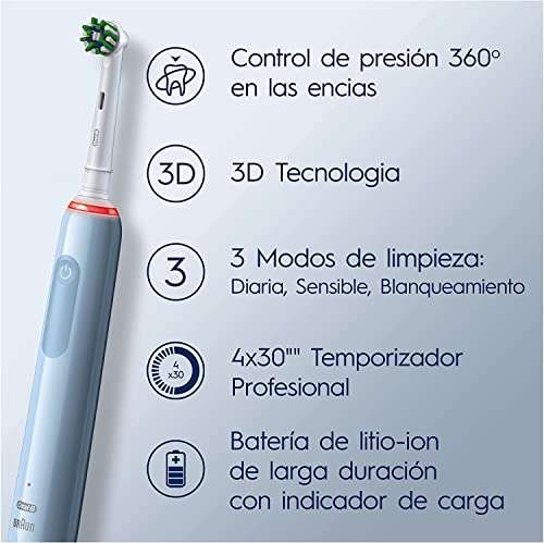 Oral-B PRO 3 Cepillo de Dientes Eléctrico con Mango Recargable y Sensor de Presión, Tecnología Braun y 2 Cabezal de Recambio, 3000 - Azul