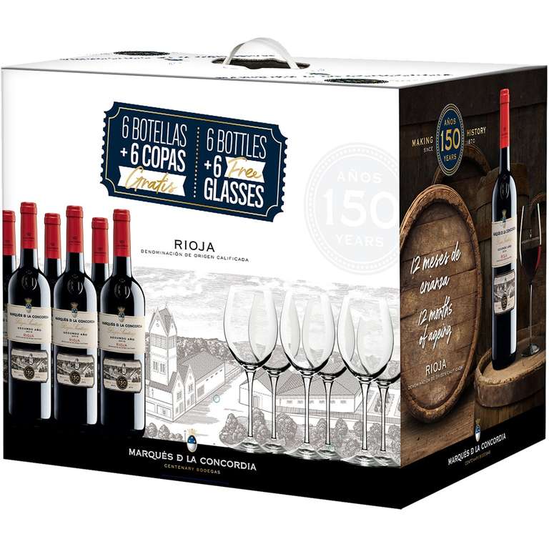 MARQUES DE LA CONCORDIA Vino tinto 2º año DOCa Rioja botellas 75 cl + 6 copas