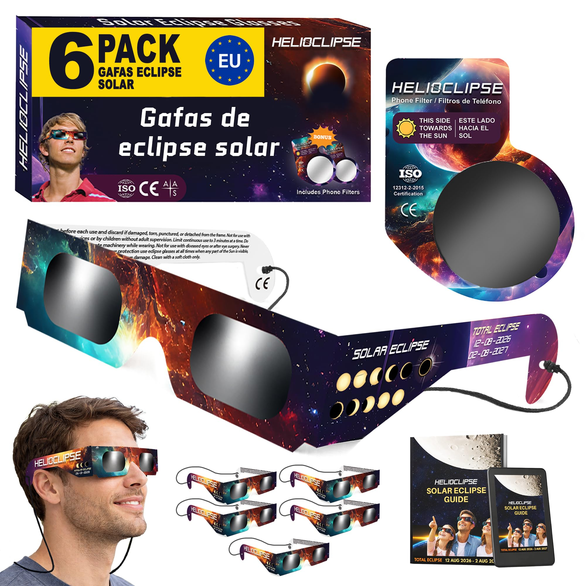 Helioclipse 6 Gafas Eclipse Solar Homologadas ISO 12312-2 2026. Disponible en más packs