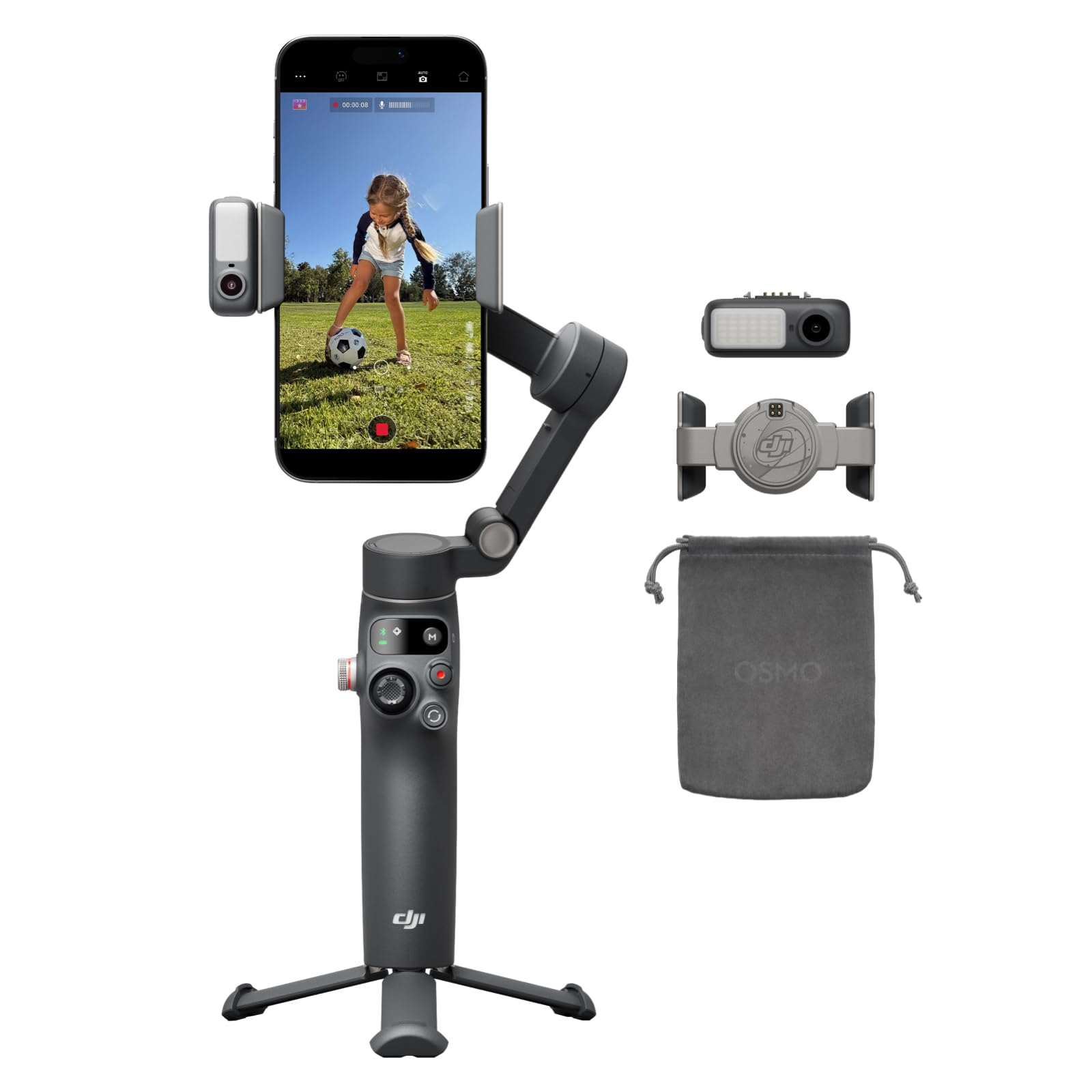 Gimbal DJI Osmo Mobile 8 (Pack Seguimiento) "Como Nuevo" (estabilización 3 ejes, IA nativa, luz y audio, 360°, brazo extensible y trípode)