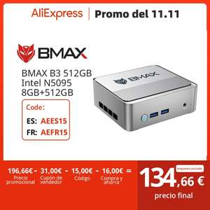 Bmax B3 Mini PC Jasper Lake N5095 Procesador DDR4 8GB SSD 256GB (hasta 2,9 GHz) Windows 11 Pro Dual HDMI 2.0*2 / WiFi 5