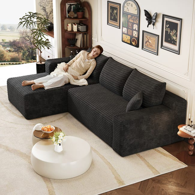 Sofá esquinero en L 241 cm,sofá 3 plazas en terciopelo acanalado con chaise longue,sofá cama convertible modular,Negro