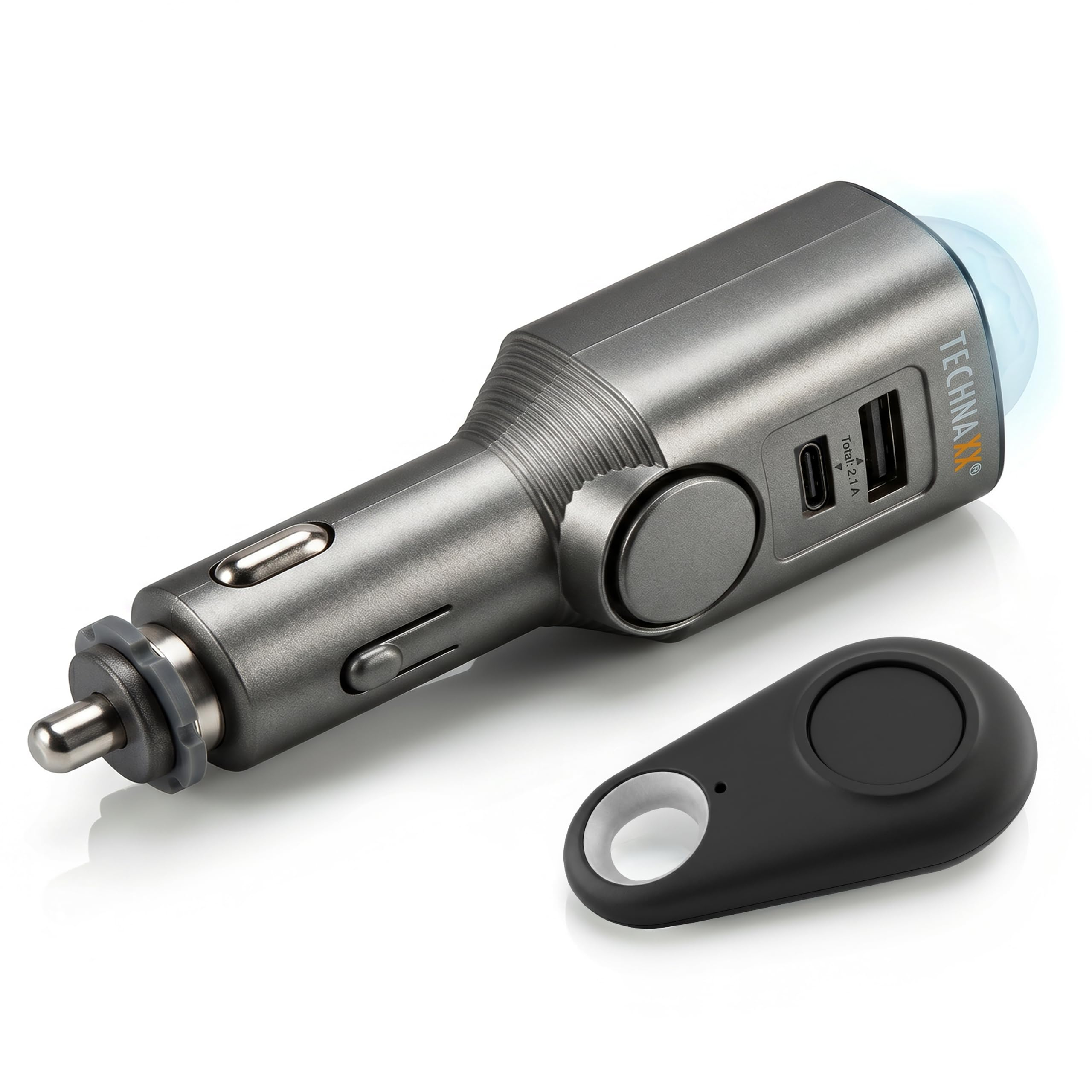 Technaxx Alarma de coche con sensor de movimiento PIR Alarma plug-in 12–24V con sirena 110dB, batería de 6 dias, puertos USB-A & USB-C