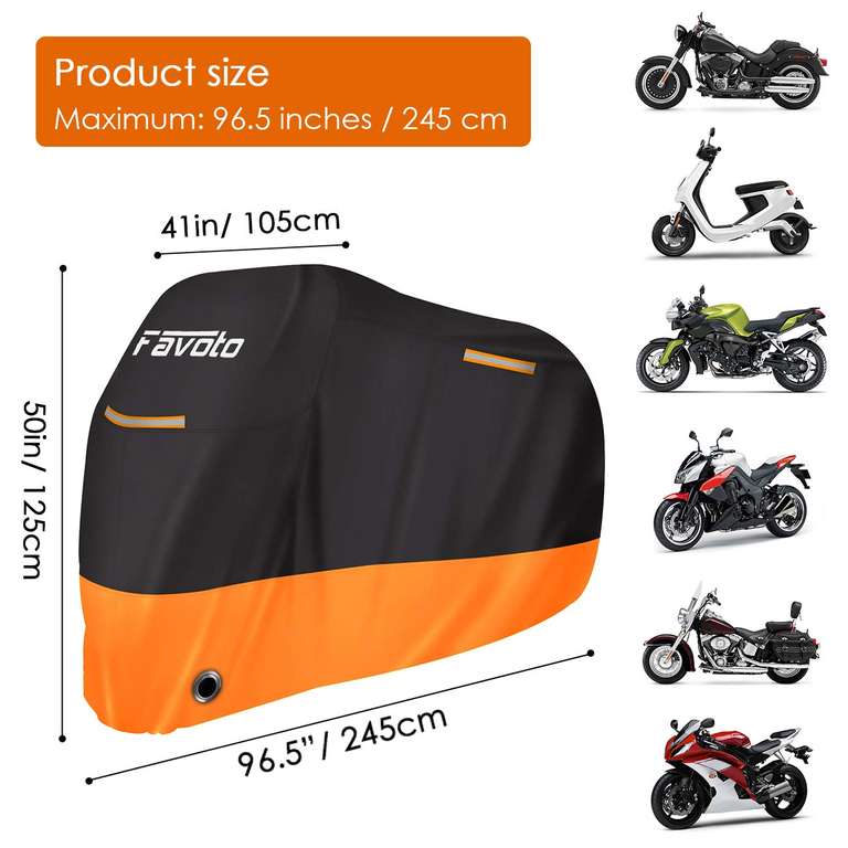 Favoto Funda para Moto 210D Impermeable con Banda Reflectante a Prueba de Sol Lluvia Polvo Viento Nieve... 245x105x125cm Negro+Naranja