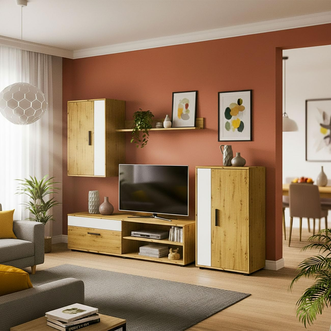 Mueble de Salón, Composición Modular de TV, Modelo: Lunet 190, Acabado en Alpino y Blanco,140 cm (Largo) x 35 cm (Fondo) x 36,2 cm (Alto)