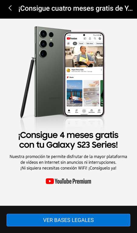 4 meses GRATIS de Youtube Premium para todos los poseedores de un Samsung S23 / S23+ / S23 Ultra (aplica también a otros Samsung)