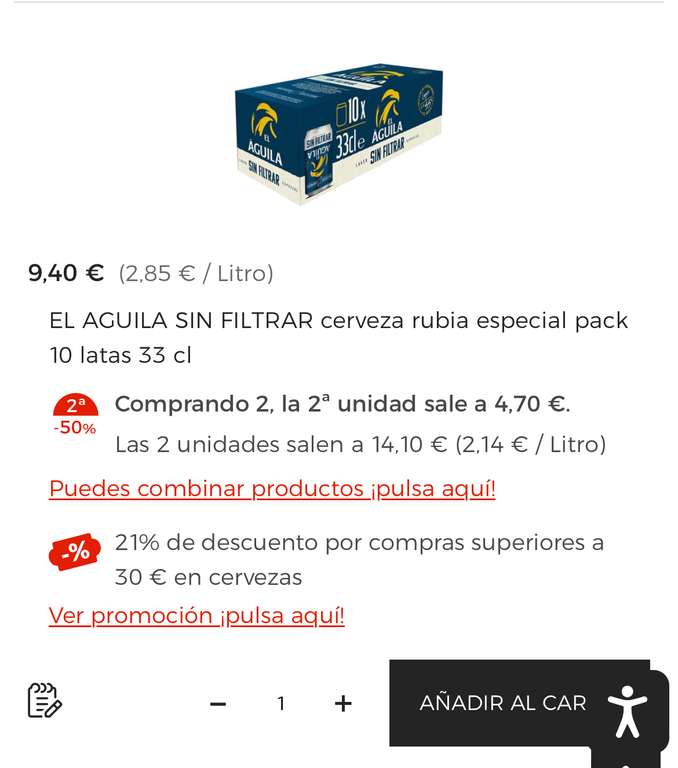 Cerveza lata El Aguila sin filtrar. 20 Packs de 10 uds. ALL IN, es el max permitido. Tb puede ser menos packs, pero que supere 30€