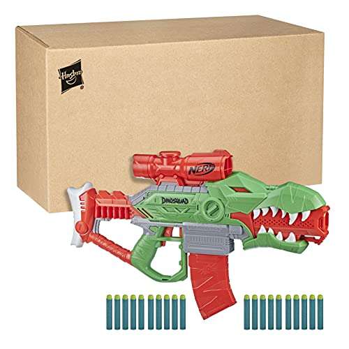 Nerf Lanzador de Dardos motorizado DinoSquad Rex-Rampage, Clip de 10 Dardos, 20 Dardos, Porta-Dardos de 10 Dardos, diseño de dinosario T-Rex