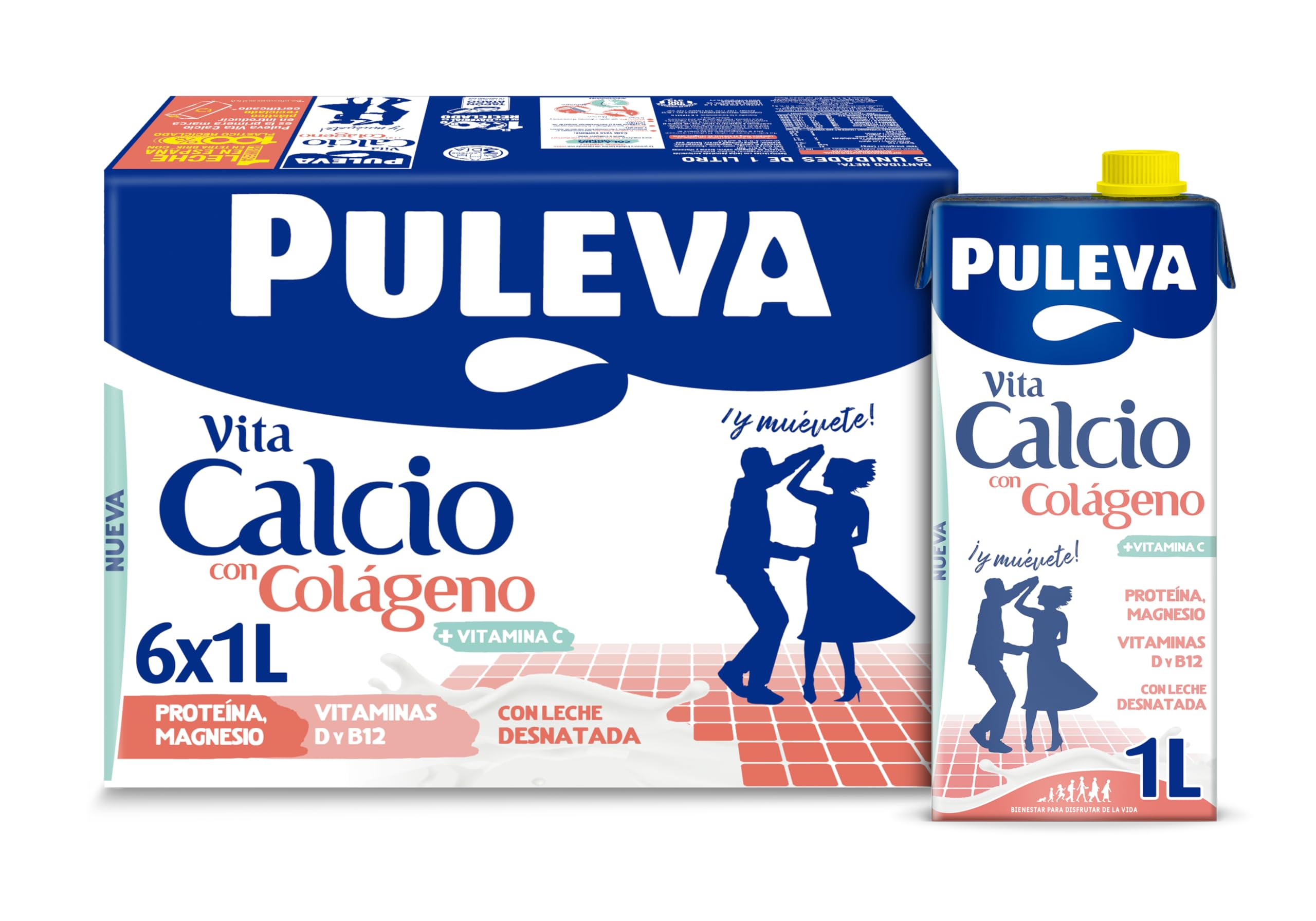 Puleva Vita Calcio, Leche Desnatada con Colágeno, Vitaminas C, B12, Calcio y Magnesio, Ayuda a Huesos, Músculos y Articulaciones - Pack 6x1L