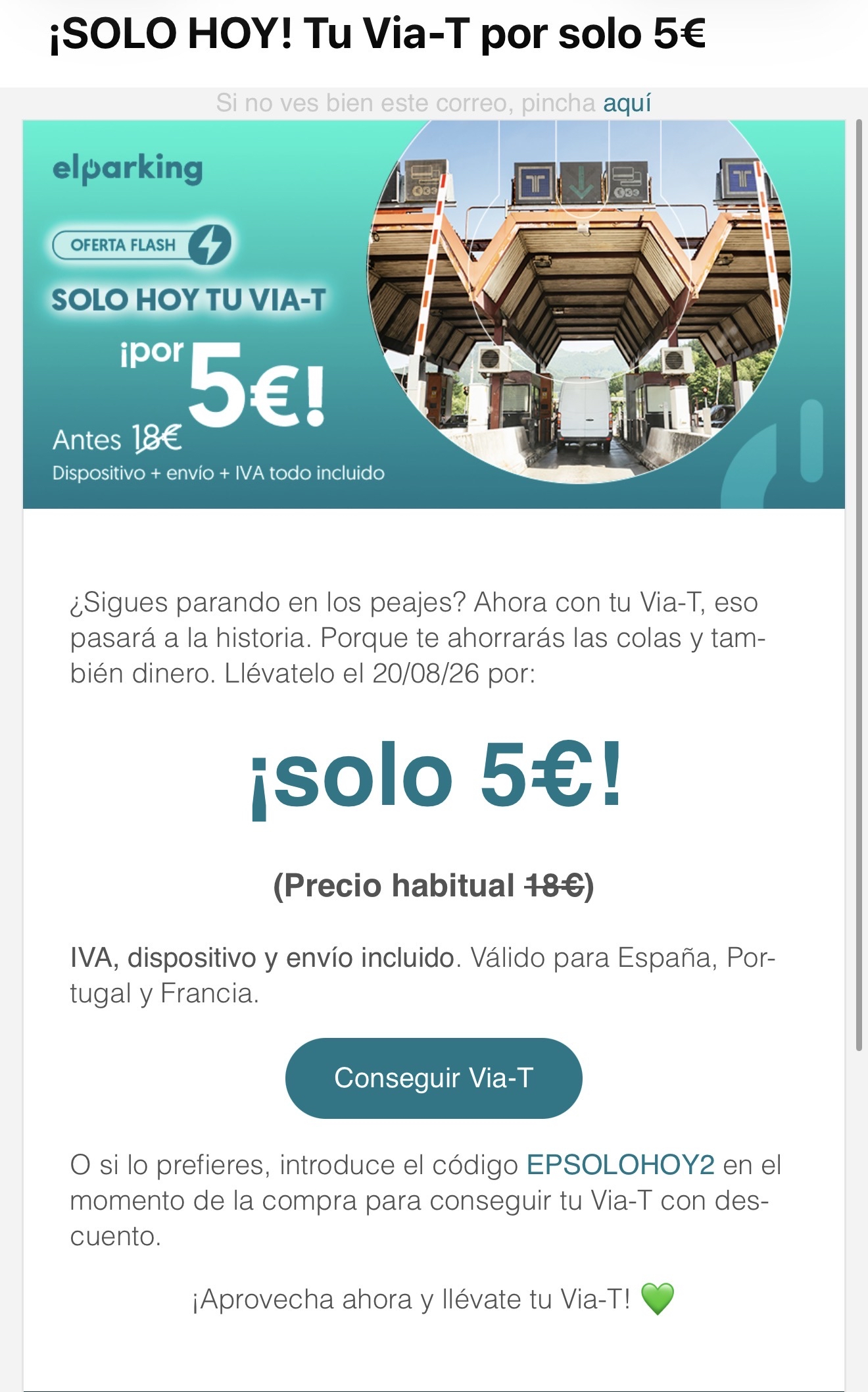 Dispositivo Vía-T ElParking por solo 5€ (PVP habitual 18€) con envío e IVA incluido | Válido España, Portugal y Francia