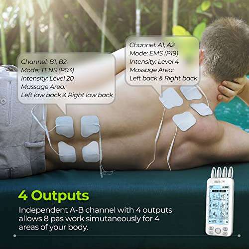 Electroestimulador TENS de 4 salidas, TENS EMS para terapia de alivio del dolor con masajeador de pulso eléctrico de 24 modos