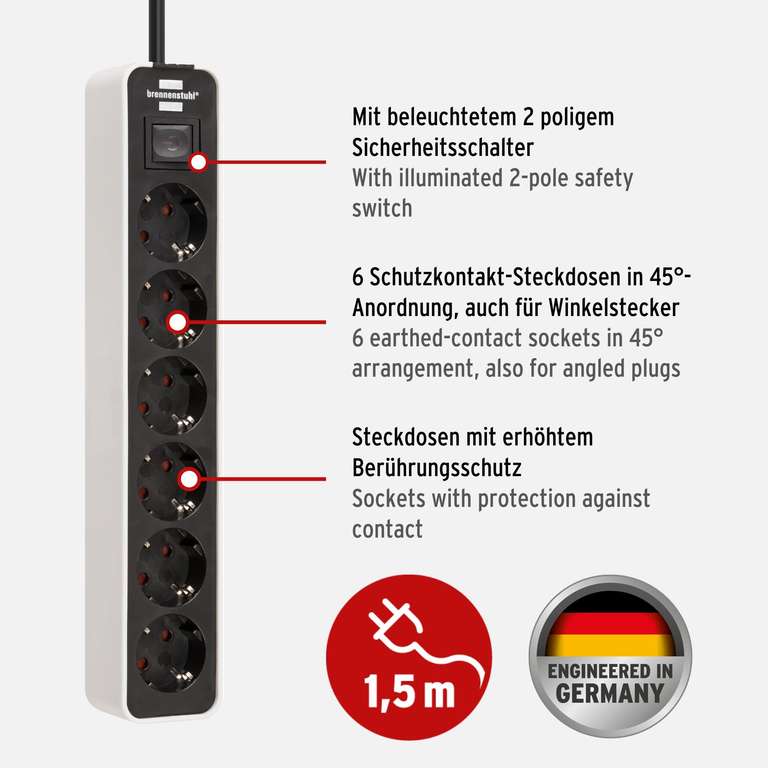 Brennenstuhl Ecolor regleta enchufes con 6 tomas corriente (cable de 1,5 m, con interruptor) color blanco/negro